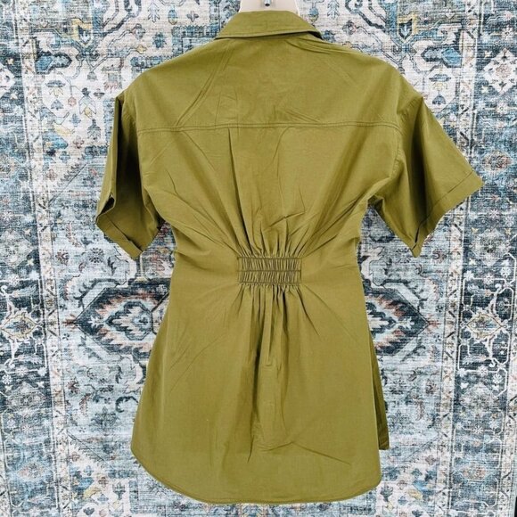 Zara Snap Front Dress Size L Elastic Cinch Waist Army Green SHort Sleeve Collar - Picture 7 of 12
